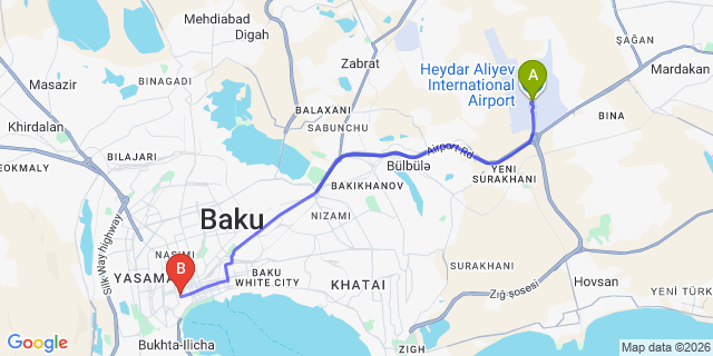Map: Baku Heydar Aliyev Airport (GYD) to Central Baku Boutique Hotel