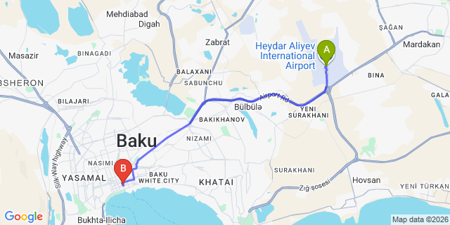 Map: Baku Heydar Aliyev Airport (GYD) to Clover Hotel
