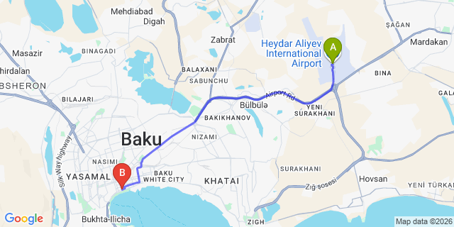 Map: Baku Heydar Aliyev Airport (GYD) to Dinamo Hotel Baku