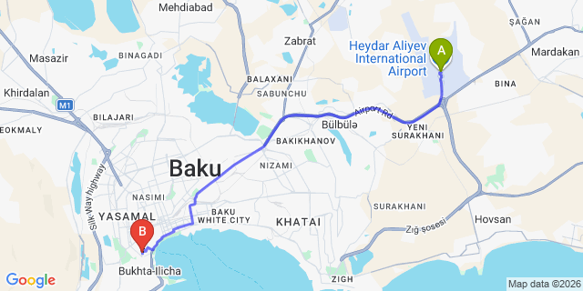 Map: Baku Heydar Aliyev Airport (GYD) to Fairmont Baku, Flame Towers