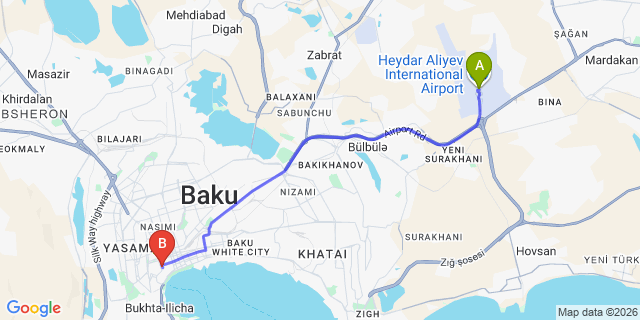 Map: Baku Heydar Aliyev Airport (GYD) to Golden Mirror