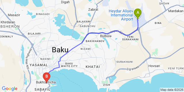 Map: Baku Heydar Aliyev Airport (GYD) to Home Suites Baku Halal Hotel