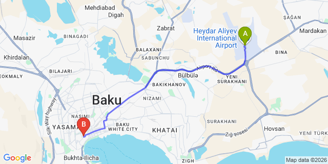 Map: Baku Heydar Aliyev Airport (GYD) to Hôtel Jeanne d’Arc Central