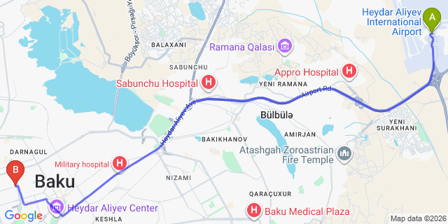 Map: Baku Heydar Aliyev Airport (GYD) to Istanbul Hotel Baku
