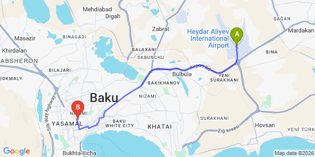 Map: Baku Heydar Aliyev Airport (GYD) to Ivy Garden Baku Hotel