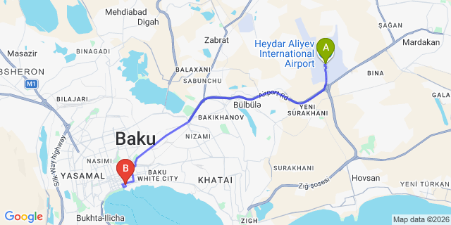 Map: Baku Heydar Aliyev Airport (GYD) to JW Marriott Absheron Baku