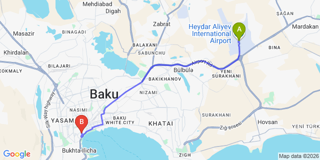 Map: Baku Heydar Aliyev Airport (GYD) to Kilim Boutique Hotel