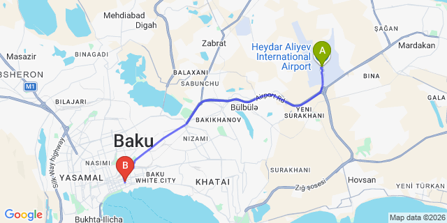Map: Baku Heydar Aliyev Airport (GYD) to Malakan Econom Hotel