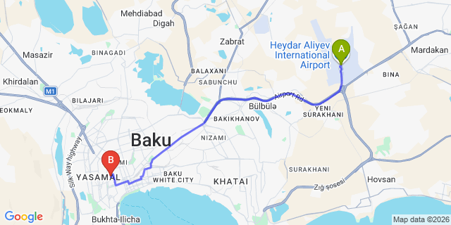 Map: Baku Heydar Aliyev Airport (GYD) to Malakan Nizami City Hotel Baku and Apartments