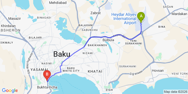 Map: Baku Heydar Aliyev Airport (GYD) to MidCity Hotel