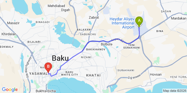 Map: Baku Heydar Aliyev Airport (GYD) to Midtown Hotel Baku