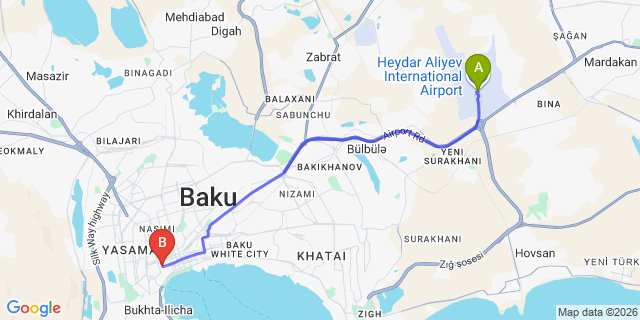Map: Baku Heydar Aliyev Airport (GYD) to Museum Hazz Hotel