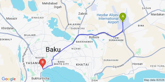 Map: Baku Heydar Aliyev Airport (GYD) to Nizami Central Park Hotel
