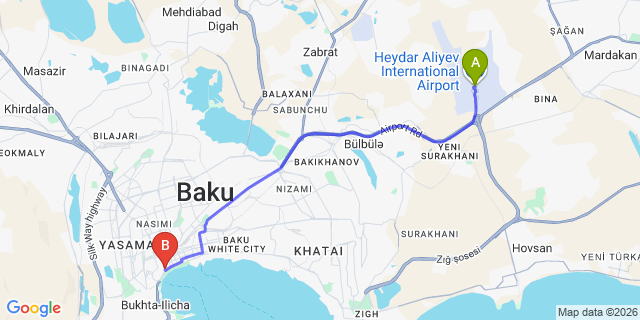 Map: Baku Heydar Aliyev Airport (GYD) to Nizami Hotel by NHG