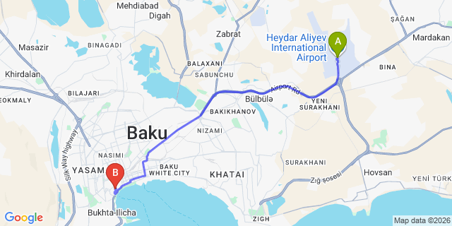 Map: Baku Heydar Aliyev Airport (GYD) to Old Street Boutique Hotel