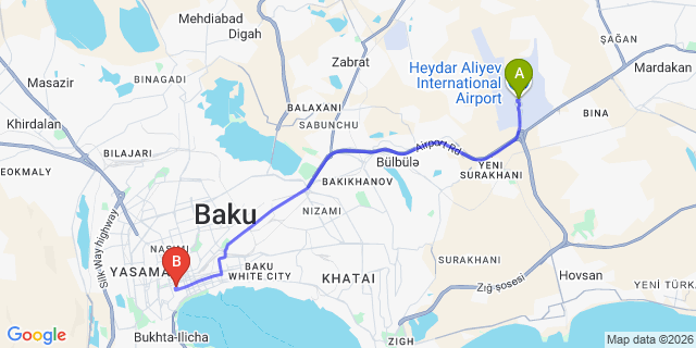 Map: Baku Heydar Aliyev Airport (GYD) to OLF Hotel
