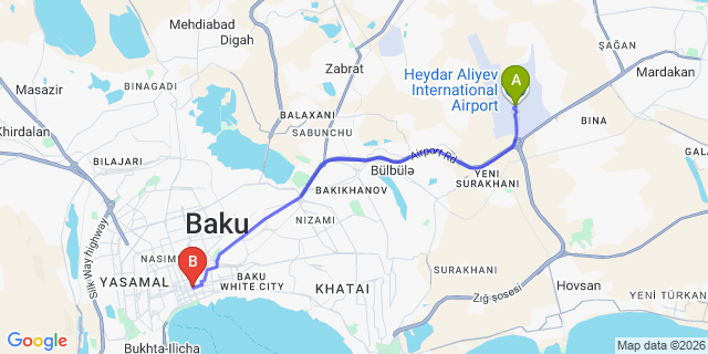 Map: Baku Heydar Aliyev Airport (GYD) to Parkside Hotel and Apartments Baku