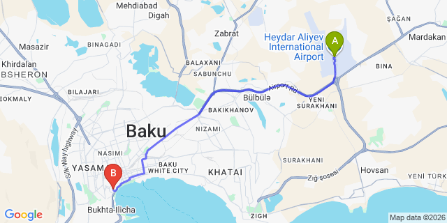Map: Baku Heydar Aliyev Airport (GYD) to Qız Qalası Boutique Hotel