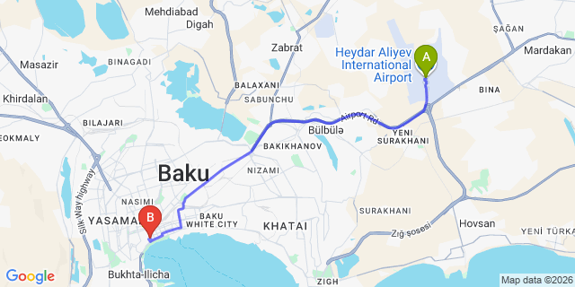 Map: Baku Heydar Aliyev Airport (GYD) to Renaissance Boutique in Malakan