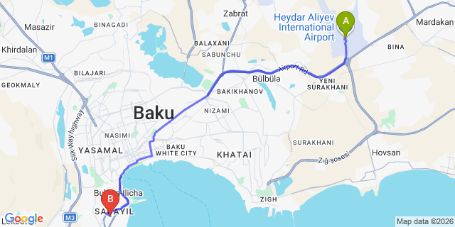 Map: Baku Heydar Aliyev Airport (GYD) to Retro Art Boutique Hotel