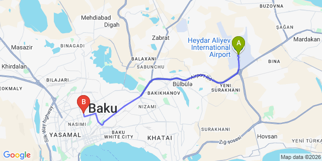 Map: Baku Heydar Aliyev Airport (GYD) to Safran Hotel Baku