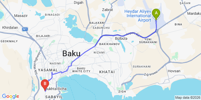 Map: Baku Heydar Aliyev Airport (GYD) to Sebail Inn Baku