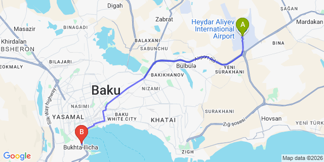 Map: Baku Heydar Aliyev Airport (GYD) to Sheraton Baku Intourist