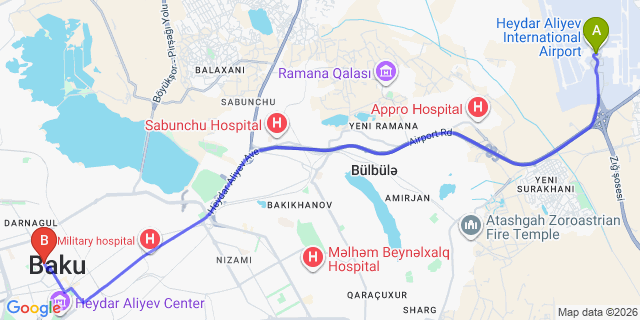 Map: Baku Heydar Aliyev Airport (GYD) to Teatro Boutique Hotel
