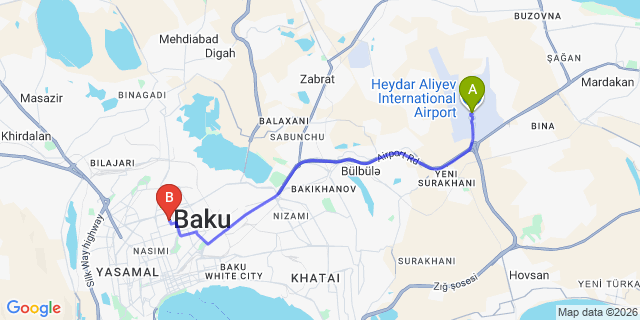 Map: Baku Heydar Aliyev Airport (GYD) to Vania Hotel