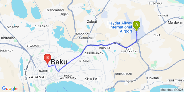 Map: Baku Heydar Aliyev Airport (GYD) to Villa Inn Hotel Baku