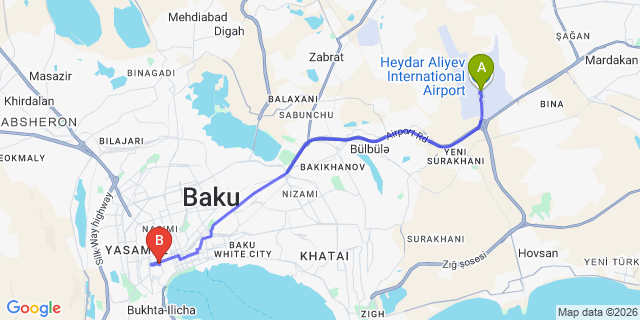 Map: Baku Heydar Aliyev Airport (GYD) to Vintage Boutique Hotel