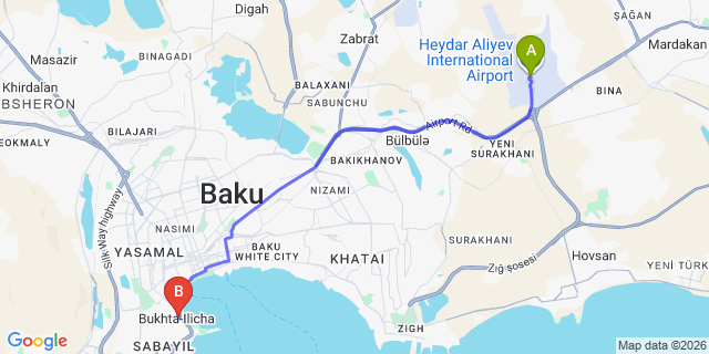 Map: Baku Heydar Aliyev Airport (GYD) to Voyage Boutique Hotel