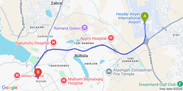 Map: Baku Heydar Aliyev Airport (GYD) to Wyndham Garden Baku