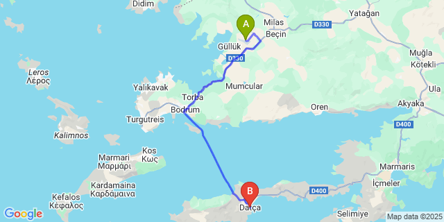 Map: Milas–Bodrum Airport (BJV) to Datça