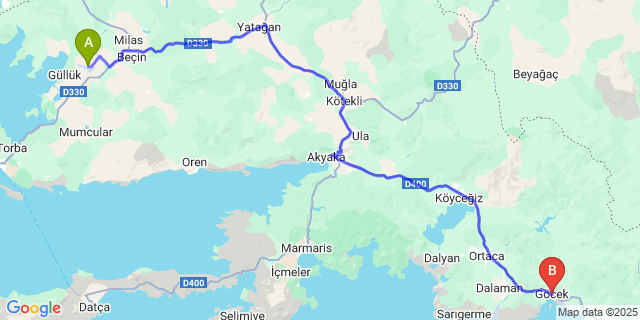 Map: Milas–Bodrum Airport (BJV) to Göcek