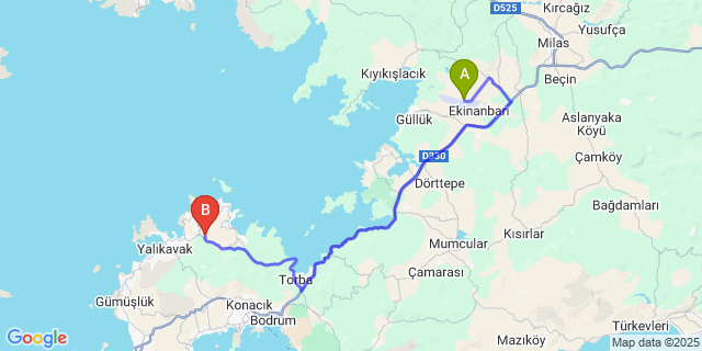 Map: Milas–Bodrum Airport (BJV) to Gündoğan