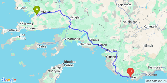 Map: Milas–Bodrum Airport (BJV) to Kas