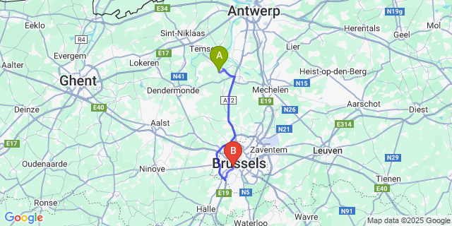 Map: Brussels Midi Train Station to Puurs-Sint-Amands