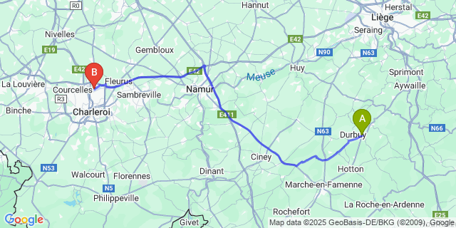 Map: Charleroi Airport Brussels South (CRL) to Barvaux