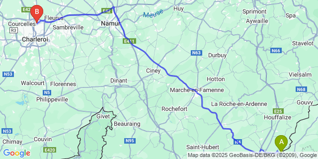 Map: Charleroi Airport Brussels South (CRL) to Benonchamps