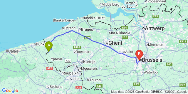 Map: Brussels Midi Train Station to Beveren-aan-de-IJzer