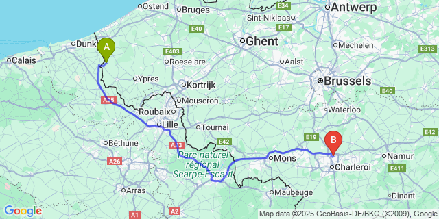 Map: Charleroi Airport Brussels South (CRL) to Beveren-aan-de-IJzer