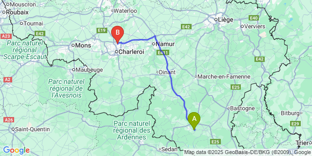Map: Charleroi Airport Brussels South (CRL) to Biourge