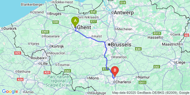 Map: Charleroi Airport Brussels South (CRL) to Blandijnberg
