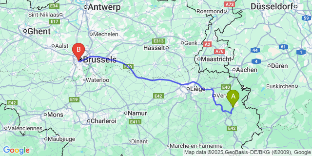 Map: Brussels Midi Train Station to Botrange