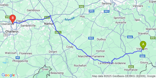 Map: Charleroi Airport Brussels South (CRL) to Cahay