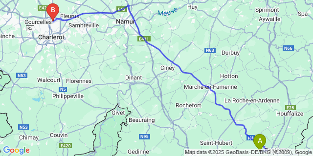 Map: Charleroi Airport Brussels South (CRL) to Chenogne