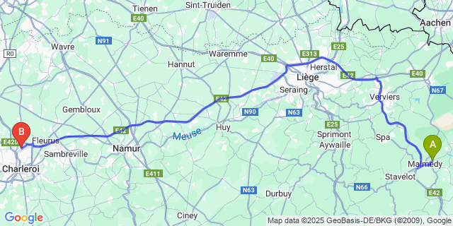 Map: Charleroi Airport Brussels South (CRL) to Chodes