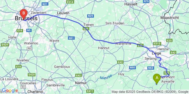 Map: Brussels Midi Train Station to Comblain-la-Tour