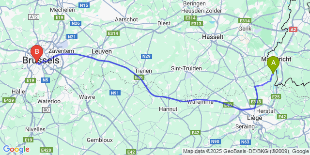 Map: Brussels Midi Train Station to Eben-Emael
